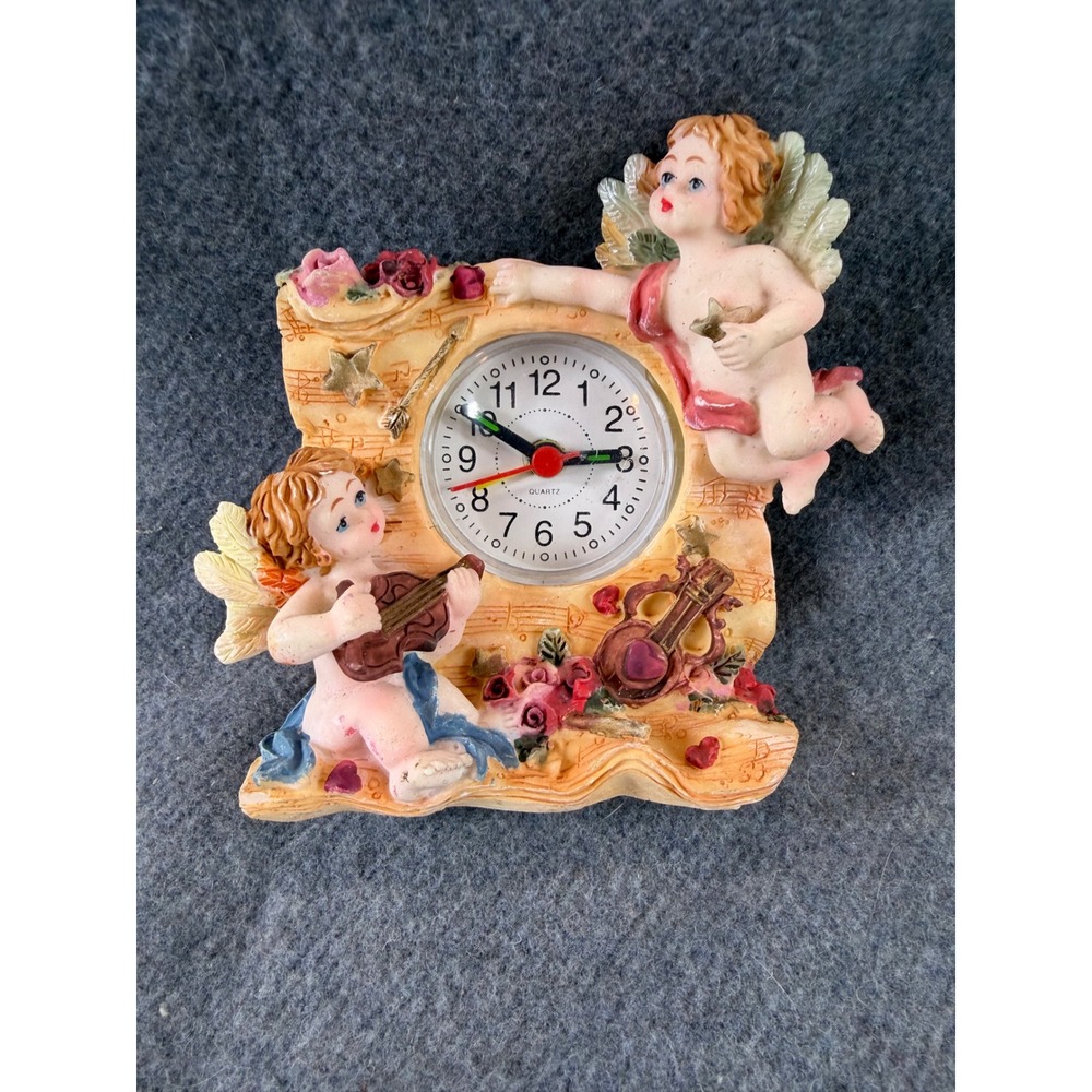 Angel Floral Victorian Cherub Desk Clock Resin Musical WORKS 4" Shelf Decor‎